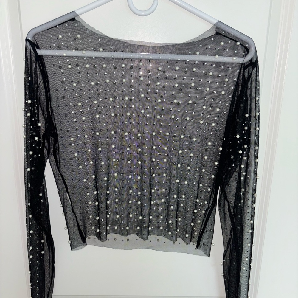 Black Sheer Pearl Embellished Top